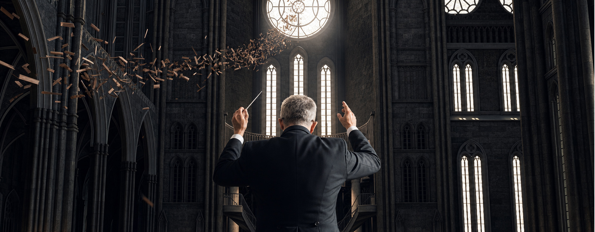 A conductor in a cathedral directing a swirl of flying wooden blocks